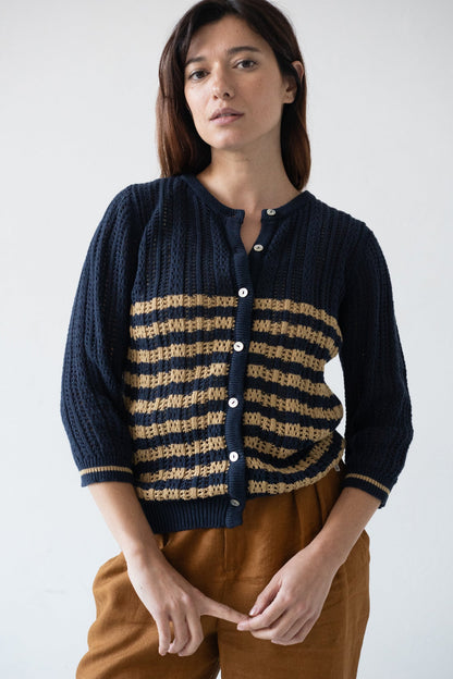 Cardigan Calado Bibi Bicolor Azul