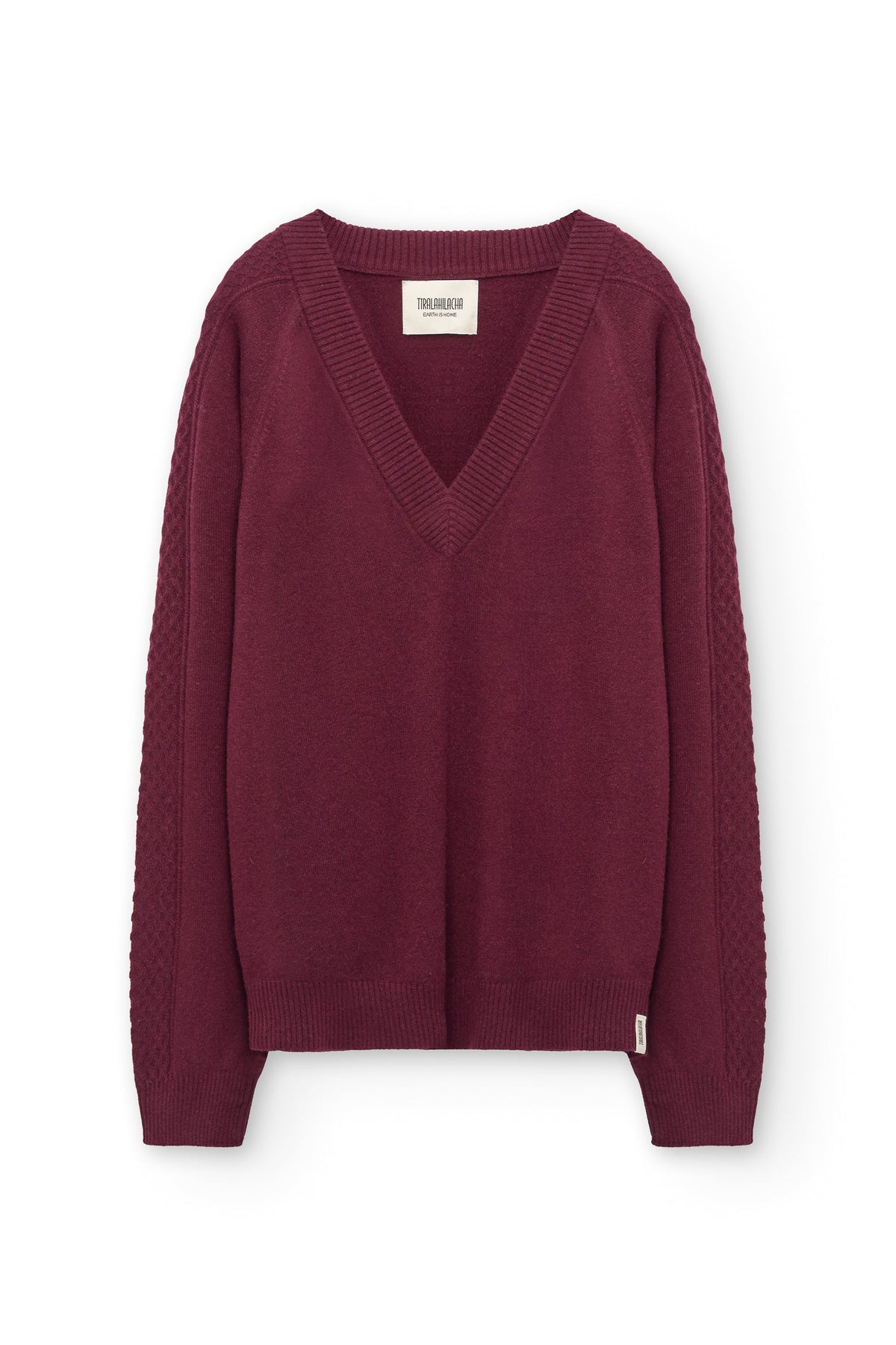 Jersey merino y cachemir escote en V granate