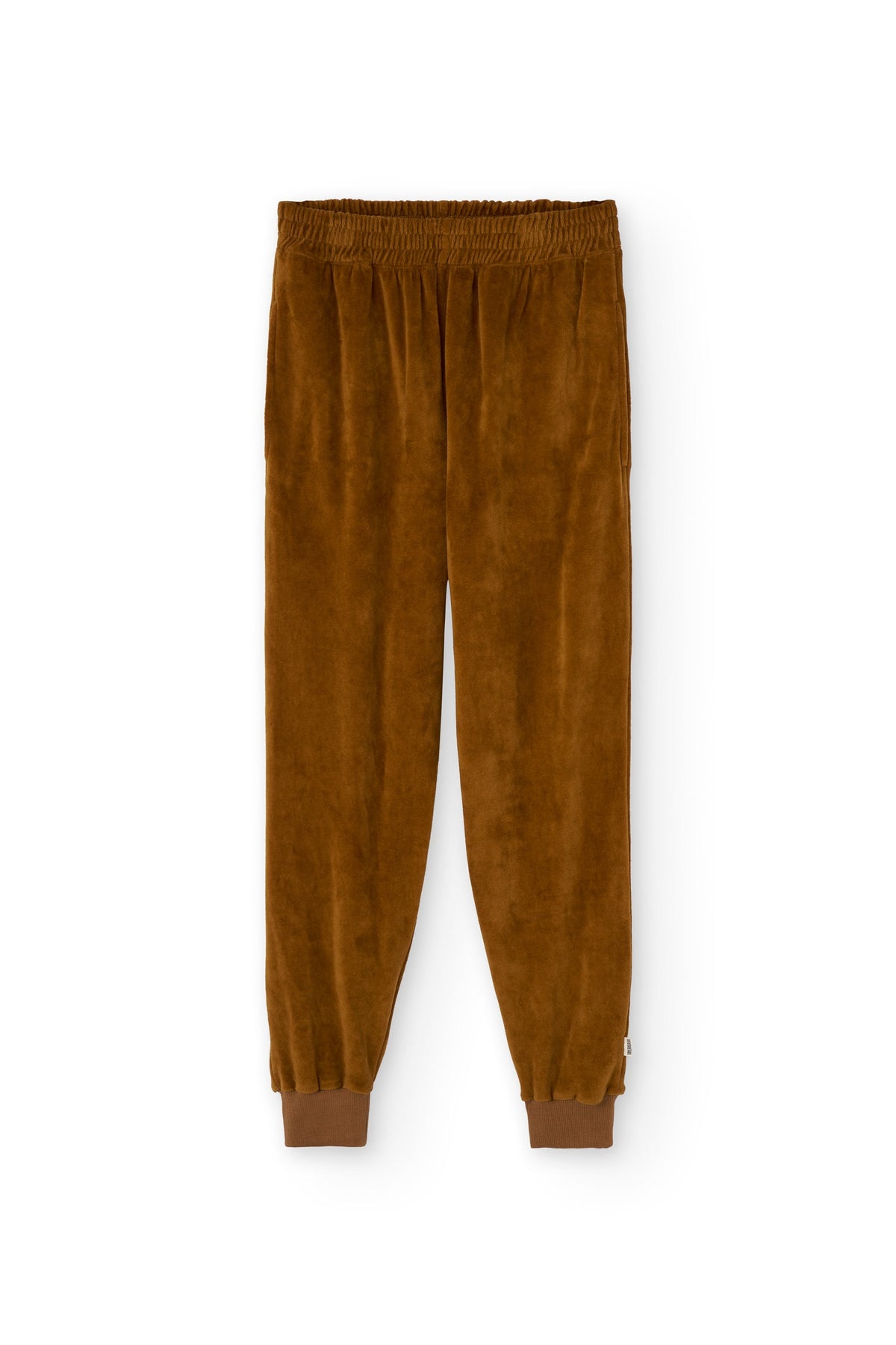 Organic cotton velvet joggers in terracotta
