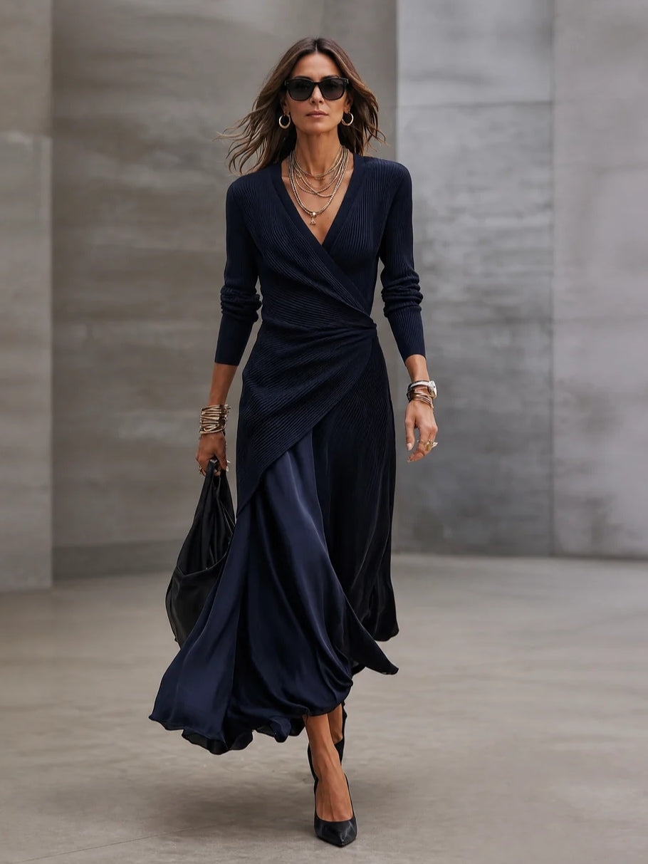 Vestido Maxi Cruzado con Falda de Satén, Azul Marino