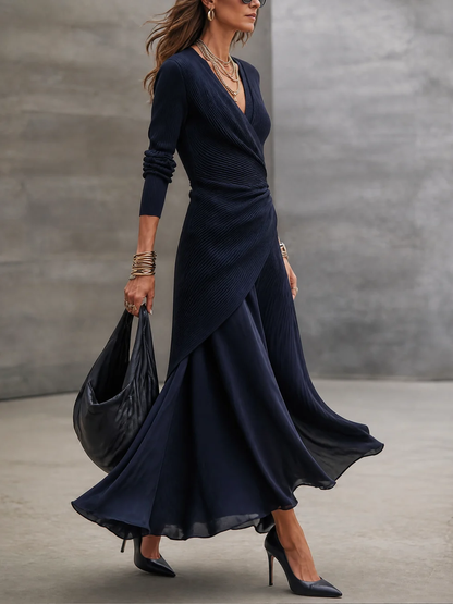 Vestido Maxi Cruzado con Falda de Satén, Azul Marino