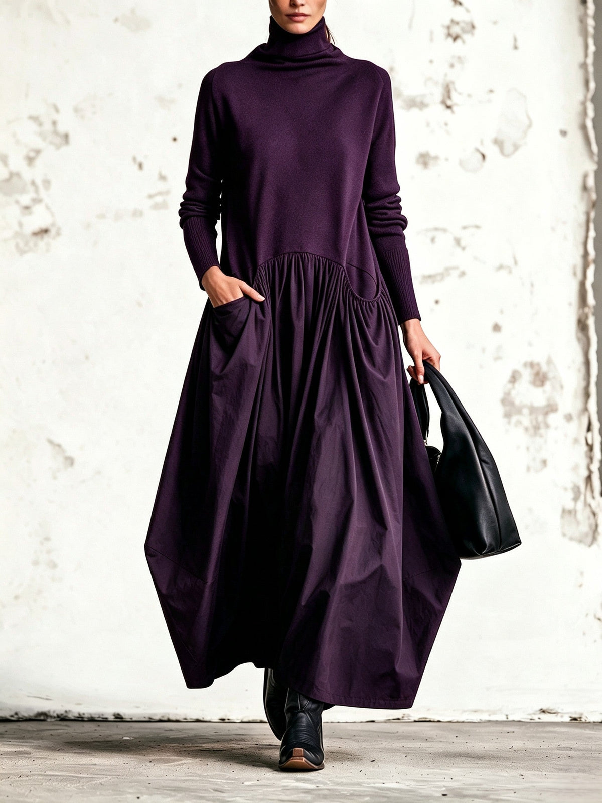 Vestido Maxi Oversize de Cuello Alto con Bolsillos