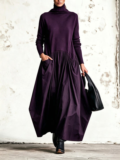 Vestido Maxi Oversize de Cuello Alto con Bolsillos