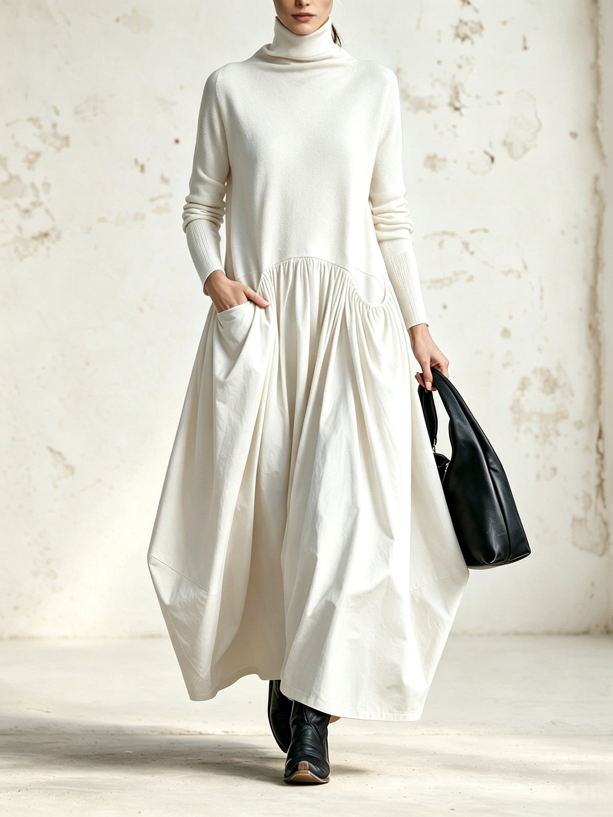 Vestido Maxi Oversize de Cuello Alto con Bolsillos