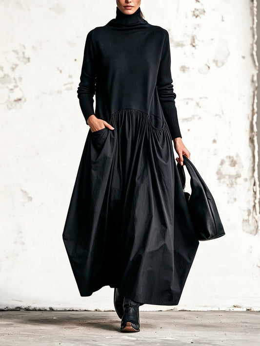 Vestido Maxi Oversize de Cuello Alto con Bolsillos