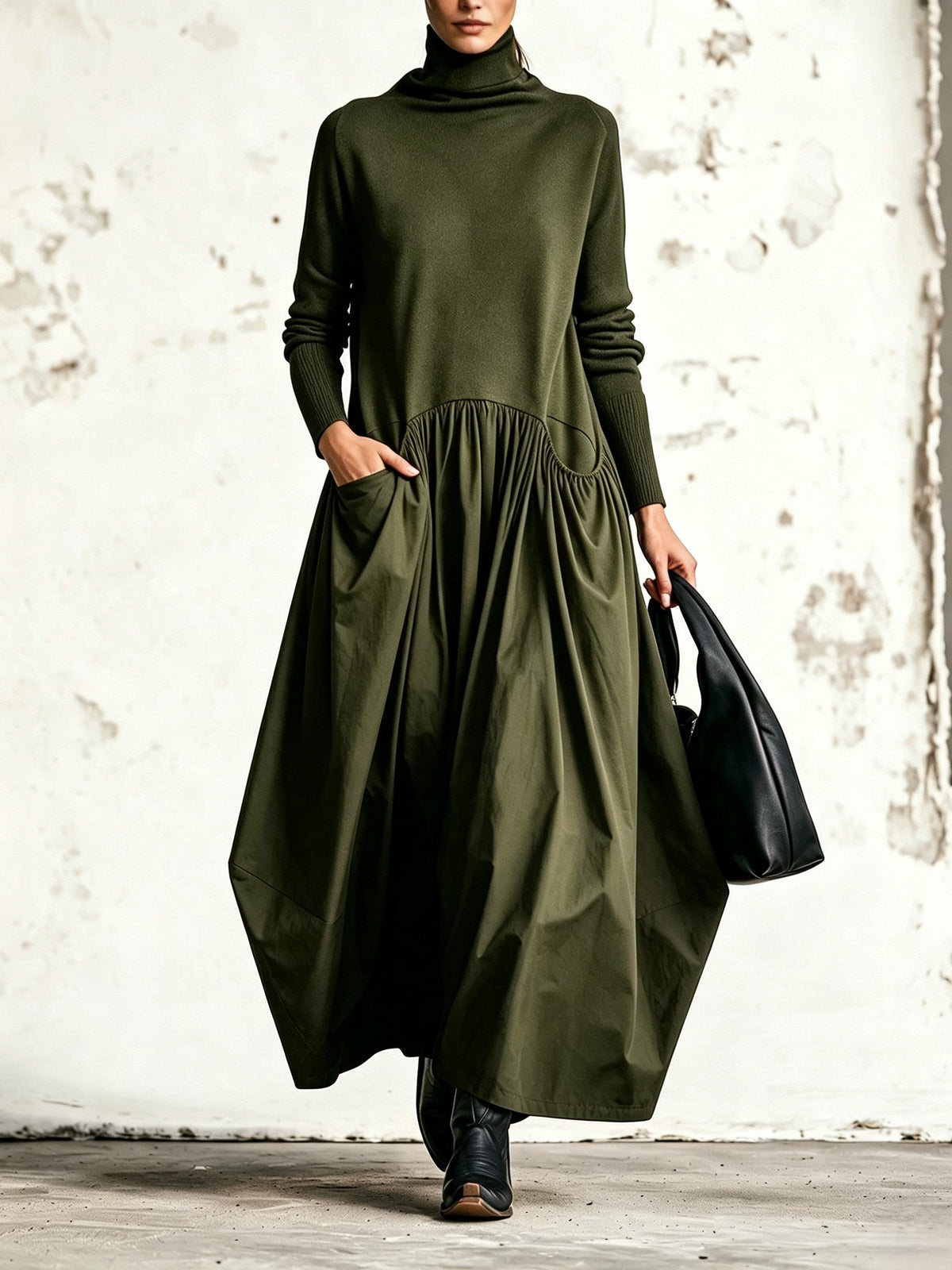 Vestido Maxi Oversize de Cuello Alto con Bolsillos