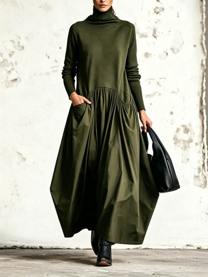 Vestido Maxi Oversize de Cuello Alto con Bolsillos