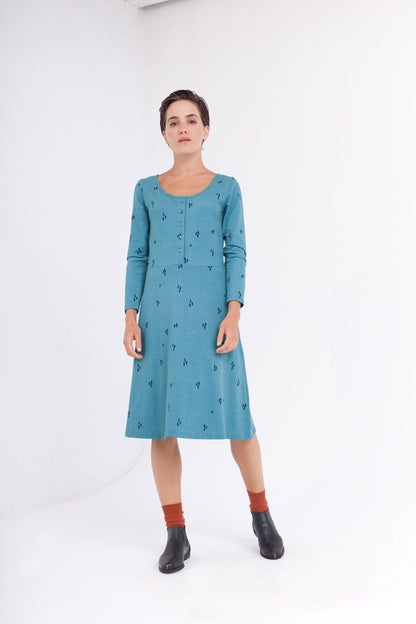 Vestido Cynthia falda midi azul ópalo.