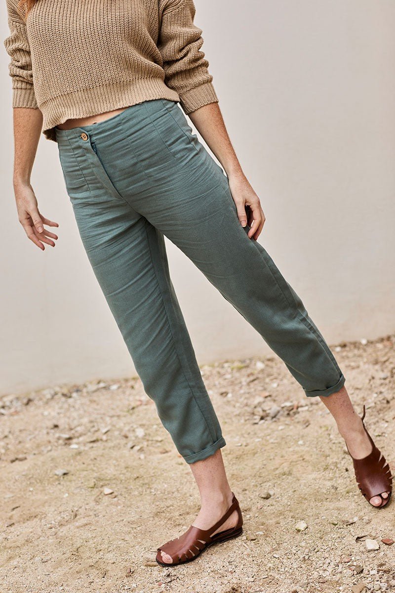 Pantalón sostenible Faren Azul Aguamarina de Lino y Algodón Orgánico