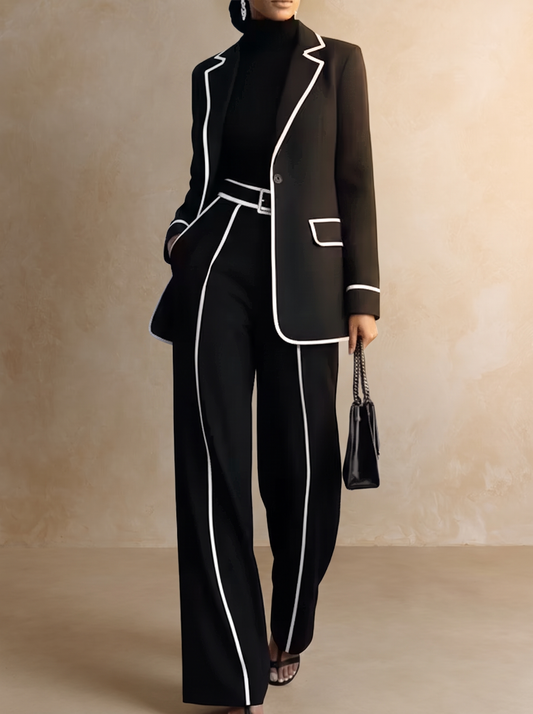 Conjunto de Blazer y Pantalón con Ribetes en Contraste, Negro