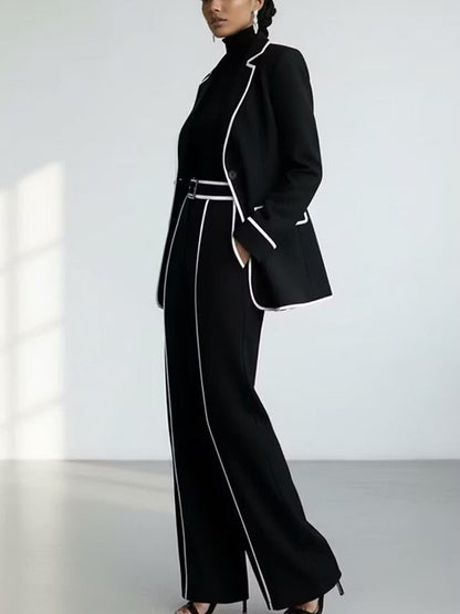 Conjunto de Blazer y Pantalón con Ribetes en Contraste, Negro