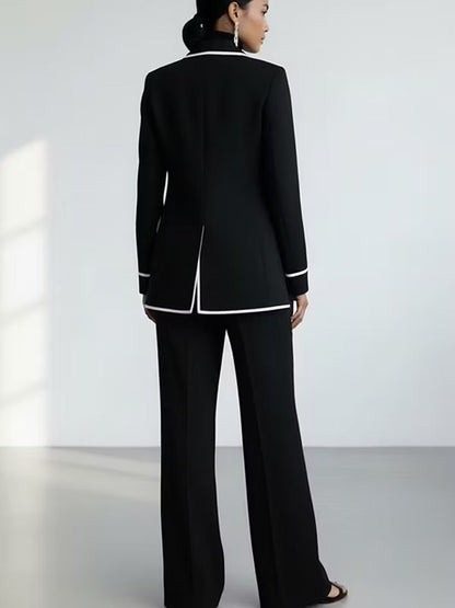 Conjunto de Blazer y Pantalón con Ribetes en Contraste, Negro