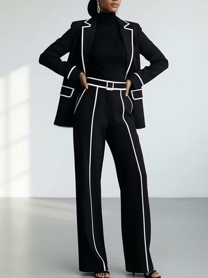 Conjunto de Blazer y Pantalón con Ribetes en Contraste, Negro