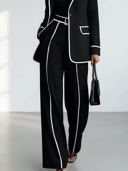 Conjunto de Blazer y Pantalón con Ribetes en Contraste, Negro