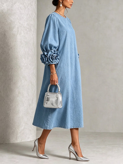 Vestido Midi para Mujer de Chambray Denim con Rosetas 3D