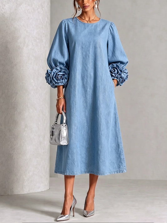 Women's Chambray Denim Midi Dress with 3D Rosettes