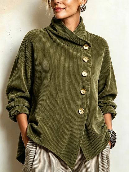Lucilla | Casacca in Velluto a Coste con Collo Alto e Abbottonatura Diagonale, Verde Oliva