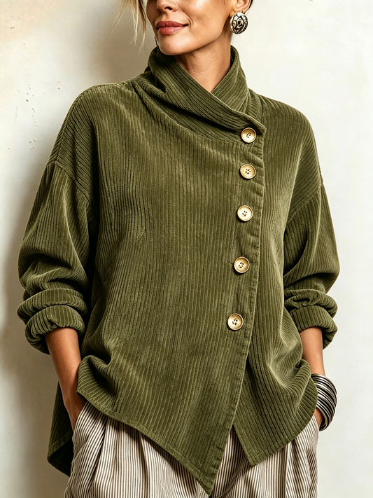Lucilla | Corduroy Jacket with High Neck and Diagonal Buttoning, Olive Green